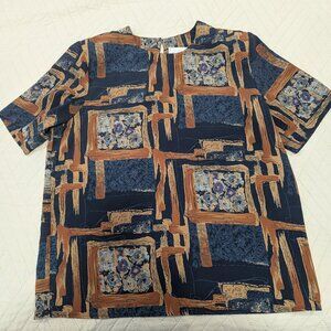 Kathy Che Medium Vintage Browns & Blues Geometric Print Pullover Blouse‎